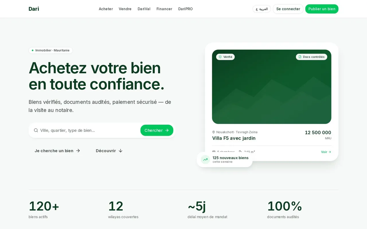 Interface Dari : plateforme immobilière avec biens vérifiés et documents audités avant publication.