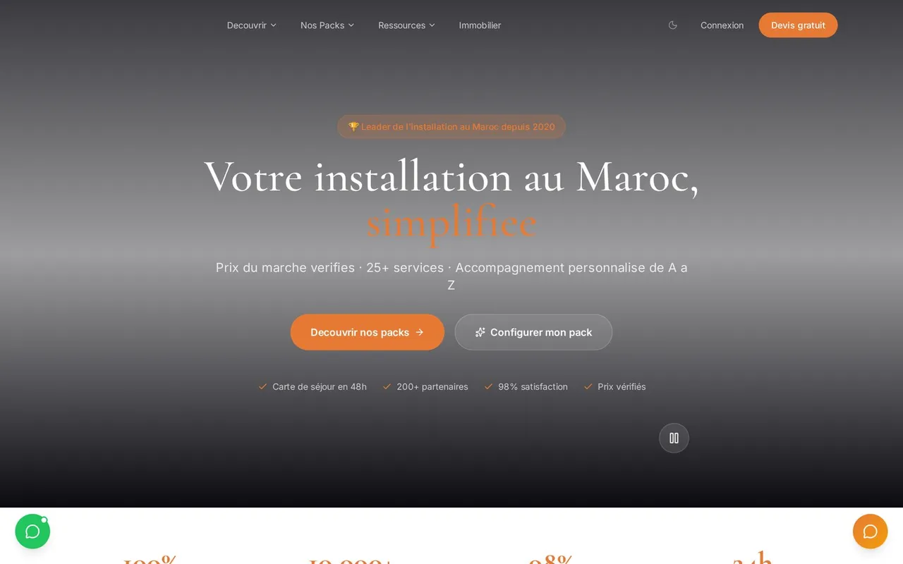Page d'accueil de marocly.com : plateforme d'installation et d'investissement au Maroc avec packs configurables.