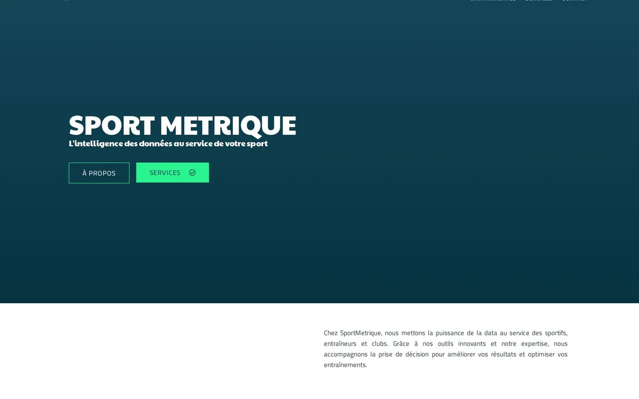 Page d'accueil de sportmetrique.com : analyse de données sportives avec rapports Power BI et KPI pour sportifs et clubs.