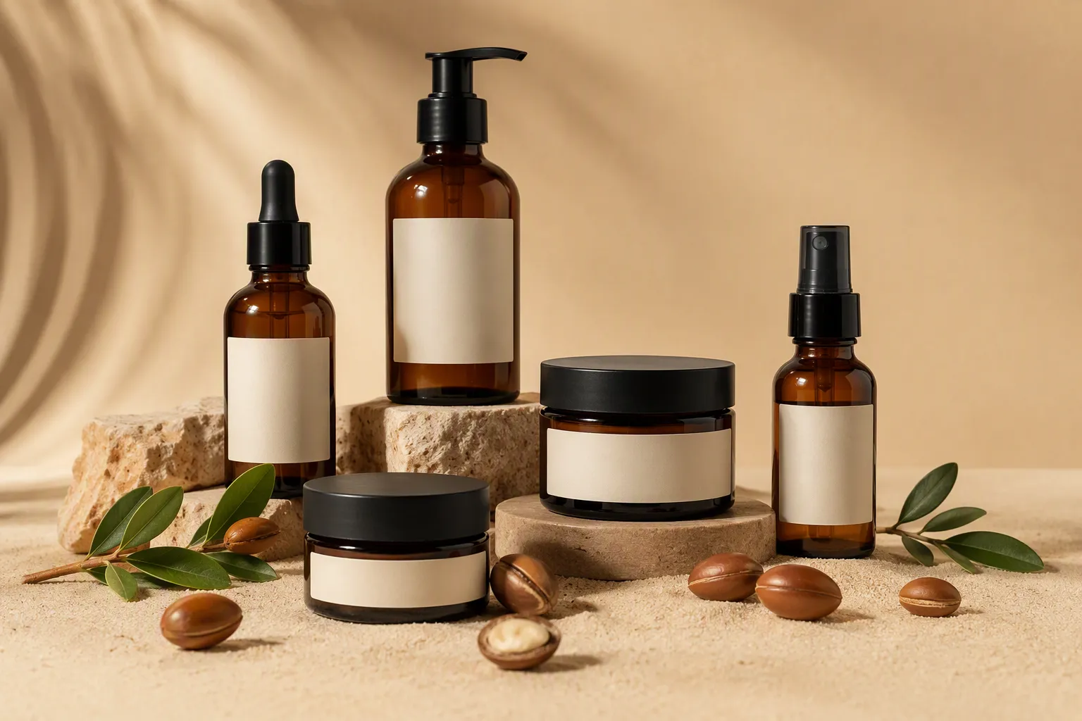 Flacons et pots de cosmétique à l'huile d'argan Wirgane avec noix d'argan sur fond sable.
