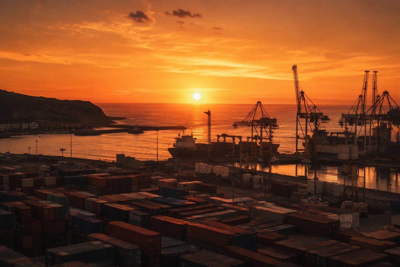 Port d'Agadir au lever du soleil avec conteneurs et grues : suivi des expéditions et de la conformité export.