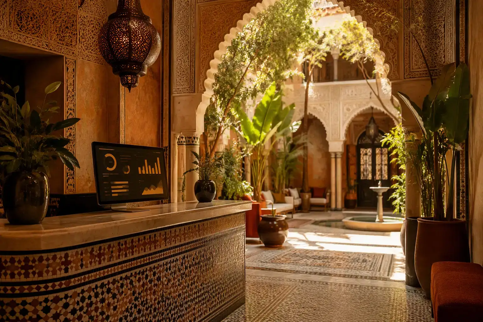 Réception d'un riad marocain avec écran affichant un tableau de bord hôtelier : occupation, ADR et RevPAR en temps réel.