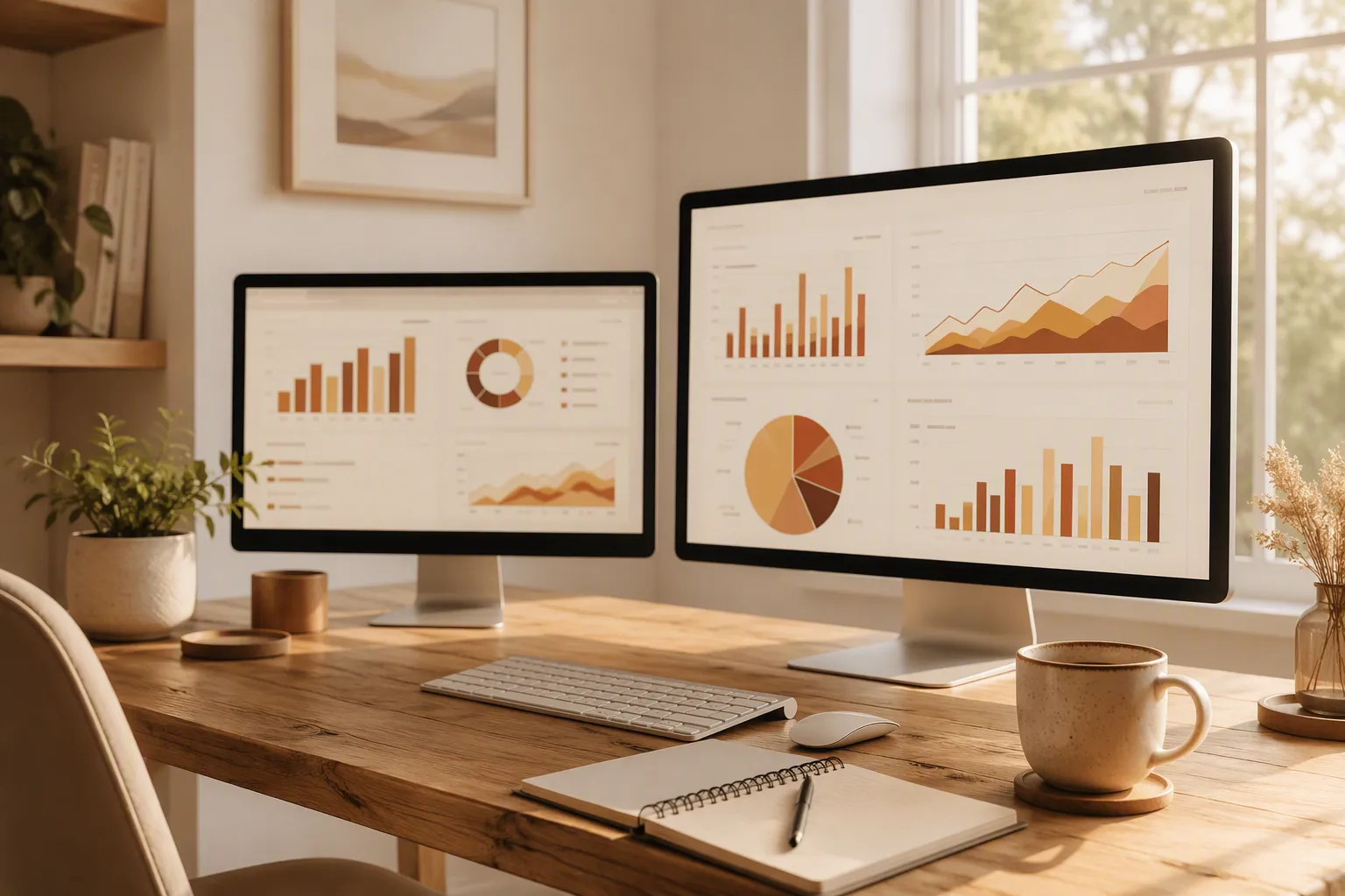 Espace de travail moderne avec deux écrans affichant des tableaux de bord Power BI pour une mission nearshore Canada ou Europe.