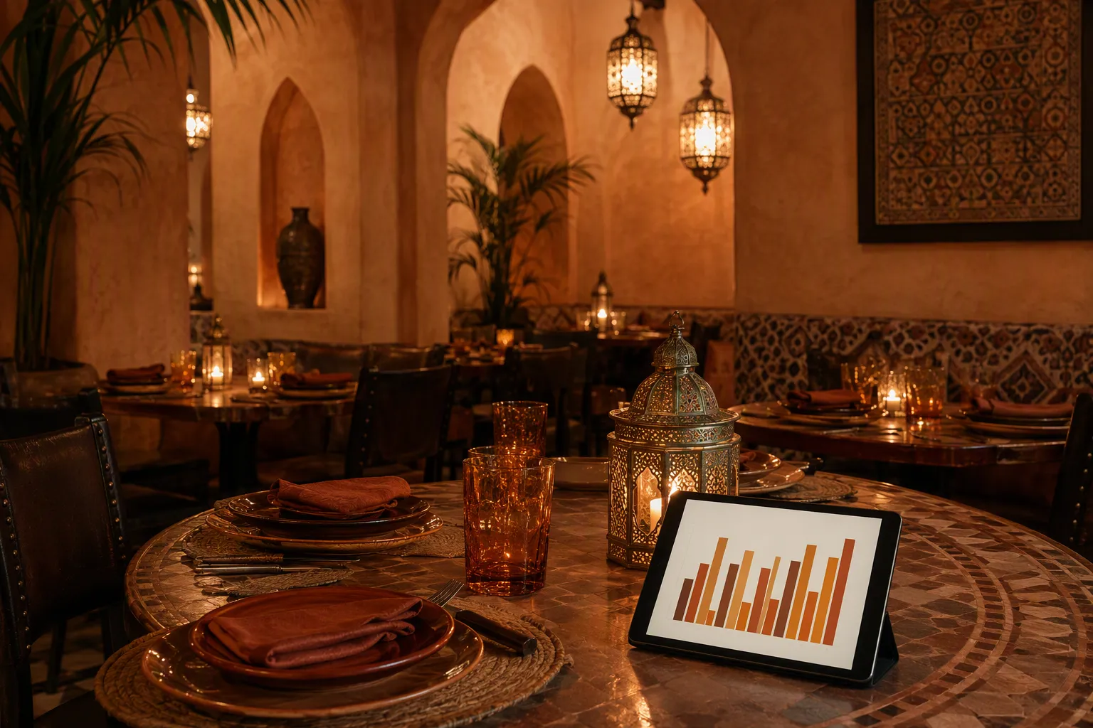Salle de restaurant marocain avec tablette affichant les graphiques de ventes par service et le food cost.